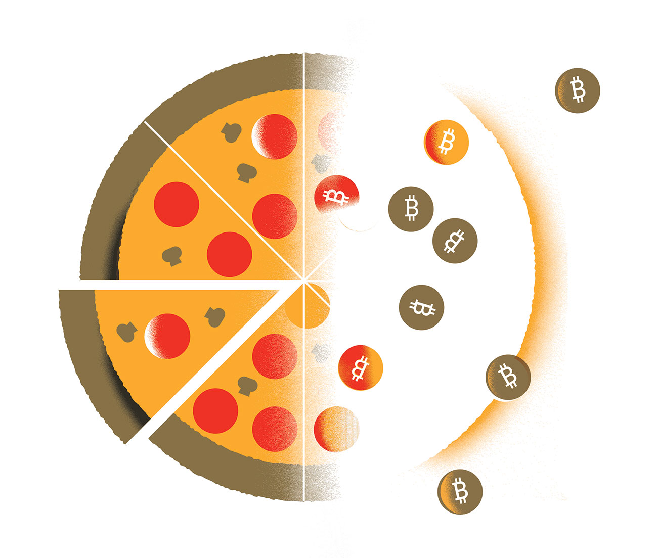 Bitcoins spread over a pizza